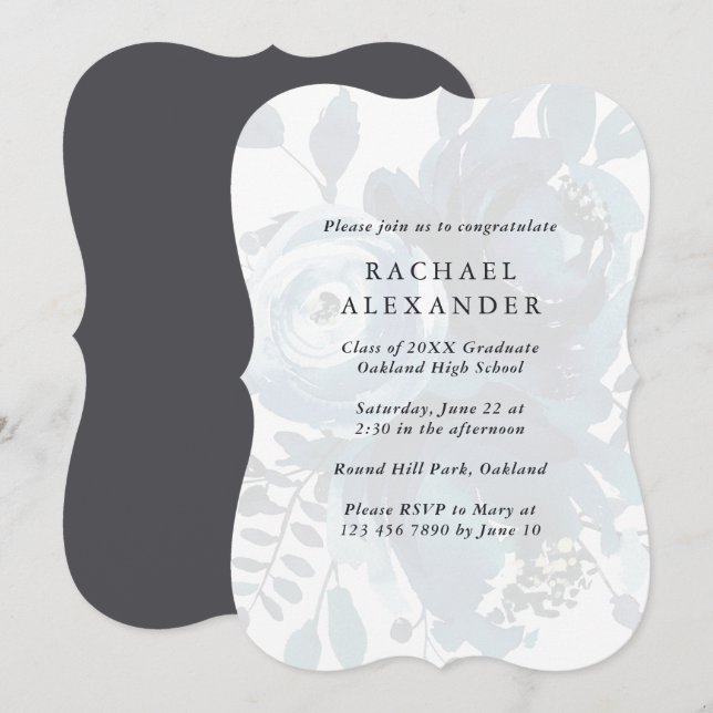 Invitación Elegante fiesta de graduación floral azul (Anverso / Reverso)