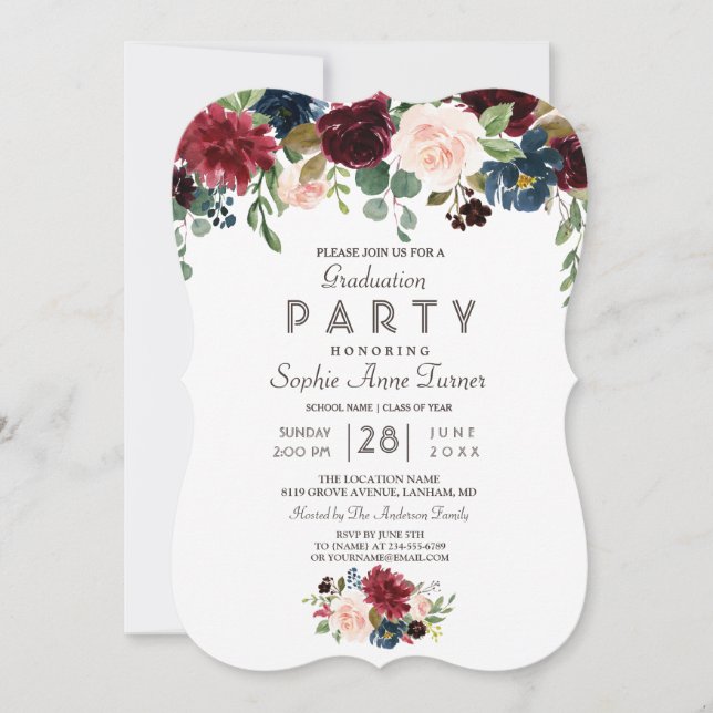Invitación Elegante fiesta de graduación floral azul de la Ma (Anverso)