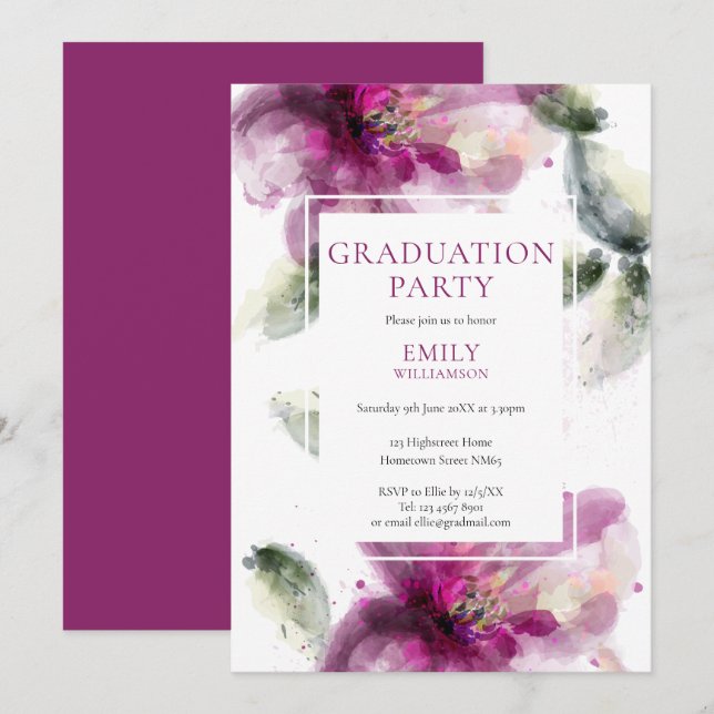 Invitación Elegante fiesta de graduación floral de acuarela r (Anverso / Reverso)