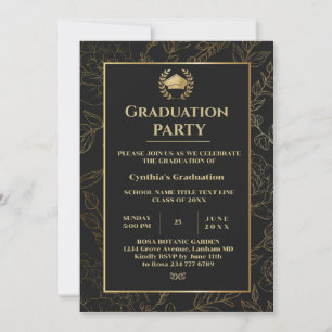 Invitación Elegante fiesta de graduación floral de color negr