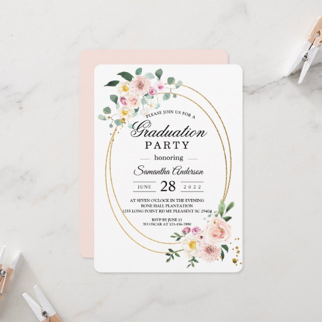 Invitación Elegante fiesta de graduación floral de primavera (Anverso/Reverso In Situ)
