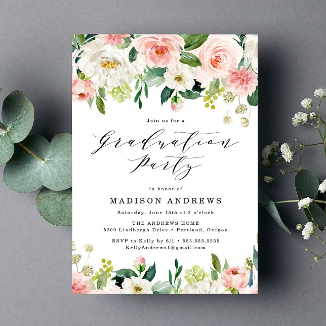 Invitación Elegante fiesta de graduación floral de Rubor (Subido por el creador)