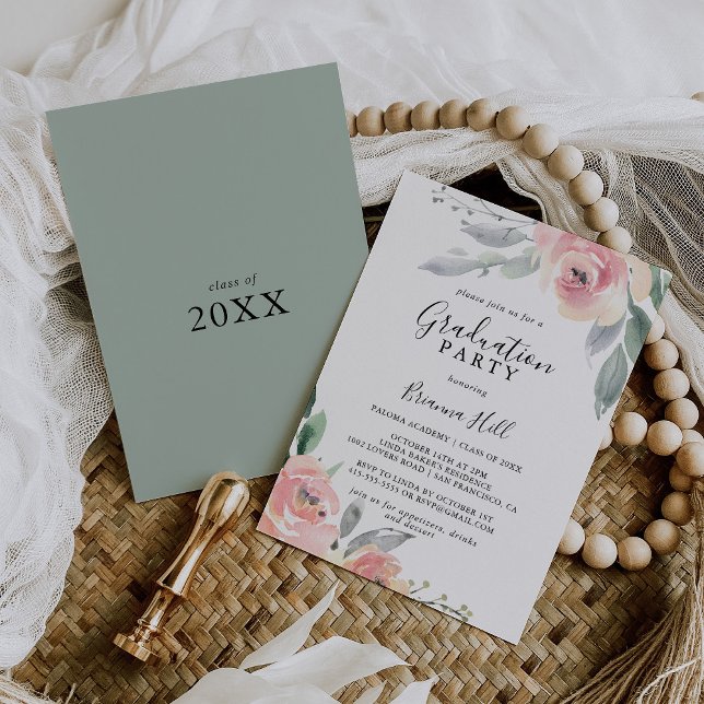Invitación Elegante fiesta de graduación floral de Rubor rosa (Subido por el creador)