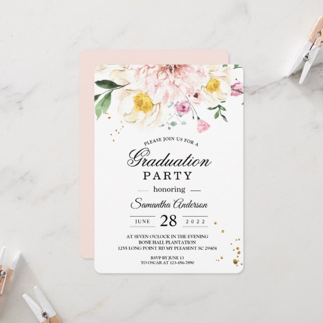 Invitación Elegante fiesta de graduación floral rosa (Anverso/Reverso In Situ)