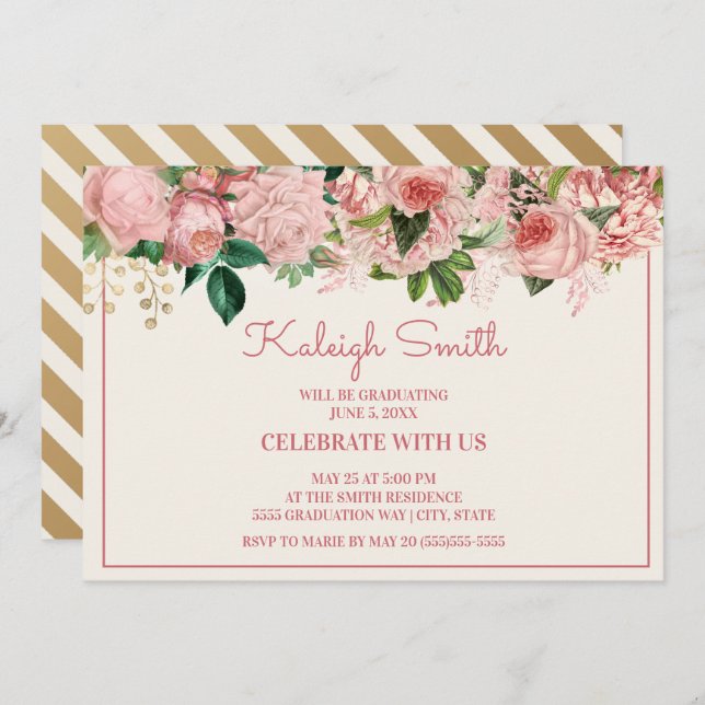 Invitación Elegante fiesta de graduación floral rosa Rubor (Anverso / Reverso)
