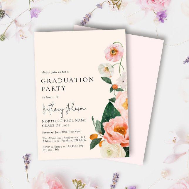 Invitación Elegante fiesta de graduación floral rosa Rubor (Subido por el creador)