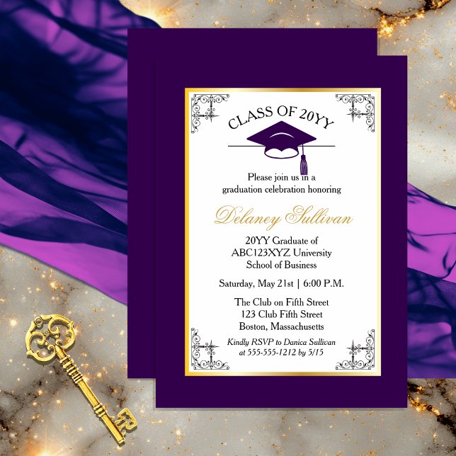 Invitación Elegante Fiesta de Graduación Formal Purple Colleg (Elegant Formal Gold Tone and Dark Purple College | University Graduation Party Invitation )