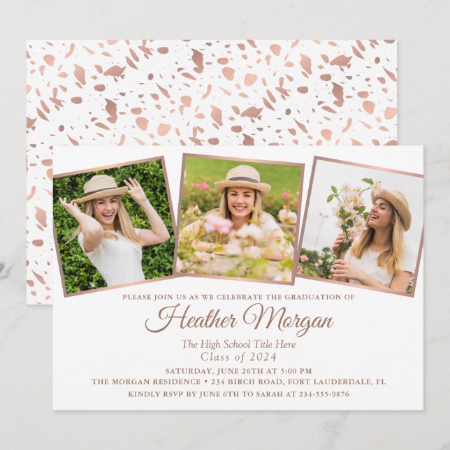 Invitación Elegante fiesta de graduación fotográfica Rosa Gol (Anverso / Reverso)