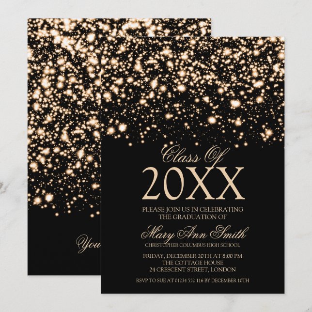 Invitación Elegante fiesta de graduación Gold Midnight Glam I (Anverso / Reverso)