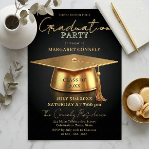 Invitación Elegante Fiesta de Graduación Gorra 3D Negra y Dor