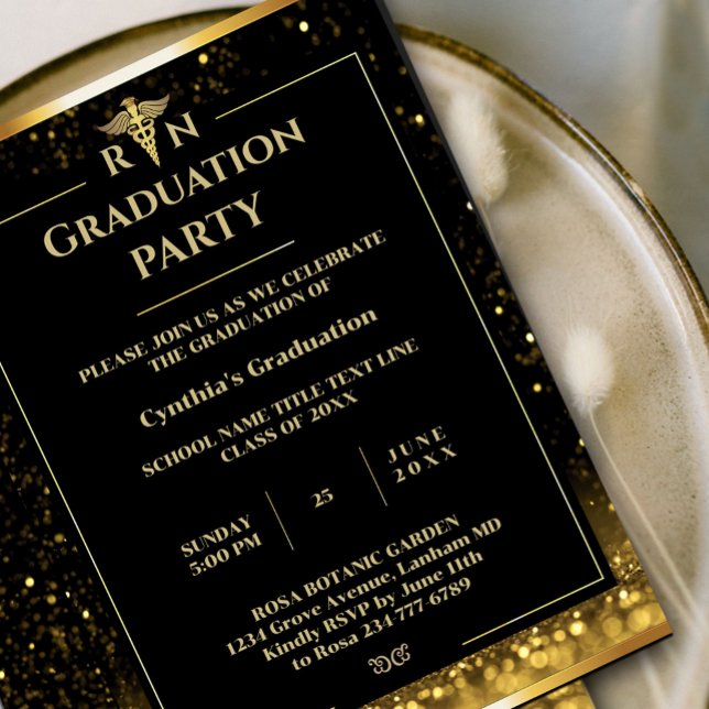 Invitación Elegante fiesta de graduación médica en negro y or (Elegant Black & Gold Medical Graduation Party Invitation #goldinvitation #graduationgold #luxuryinvi)