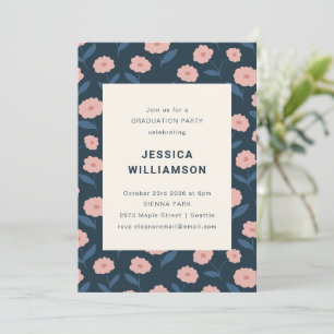 Invitación Elegante Fiesta de Graduación Moderna Floral Azul