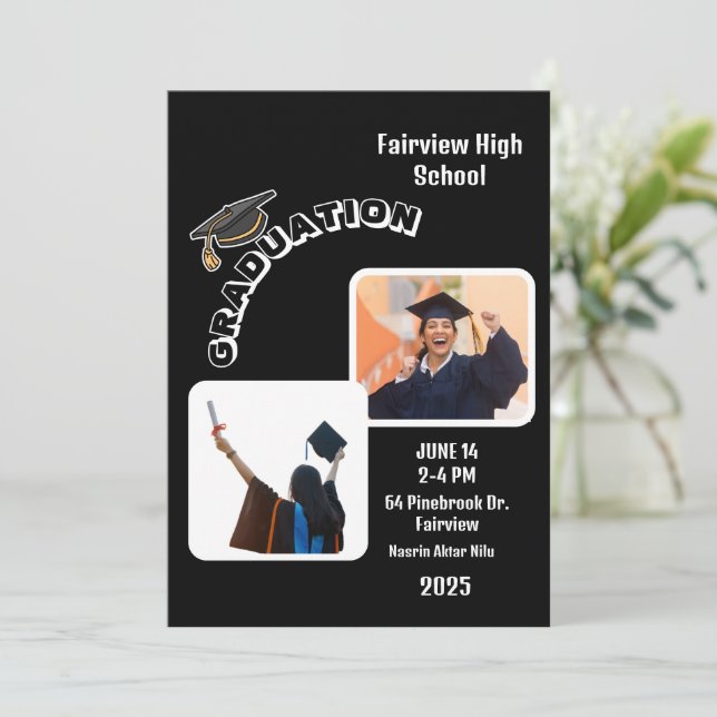 Invitación Elegante fiesta de graduación negra con alegría (Anverso de pie)