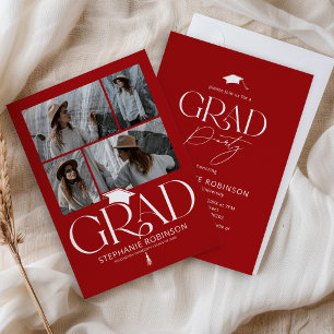 Invitación Elegante Fiesta de Graduación Rojo y Blanco con 4 