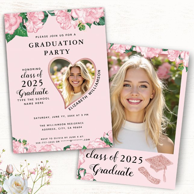 Invitación Elegante fiesta de graduación rosa de Rubor floral (Subido por el creador)