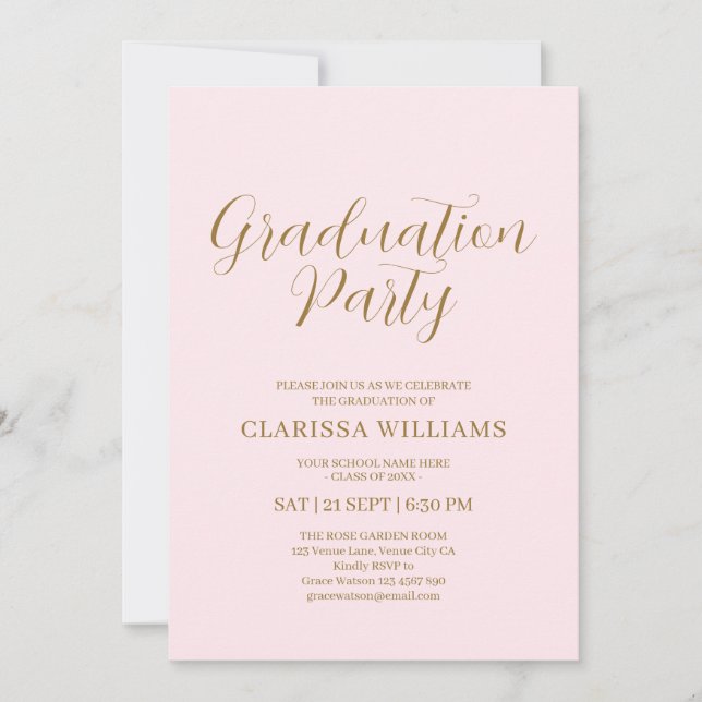 Invitación Elegante fiesta de graduación rosa Rubor Gold (Anverso)
