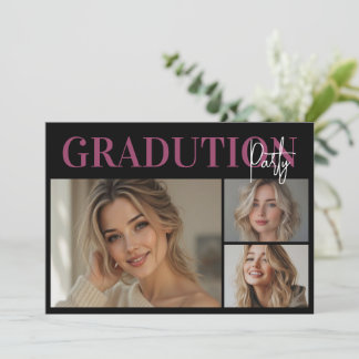 Invitación Elegante Fiesta de Graduación Rosa y Negro 3 Fotos