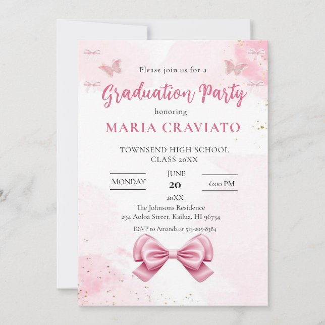 Invitación Elegante fiesta de graduación rosada y de oro (Anverso)