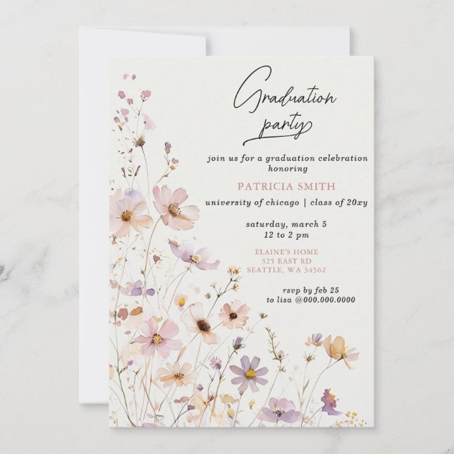 Invitación Elegante fiesta de graduación Rubor Wildflowers (Anverso)