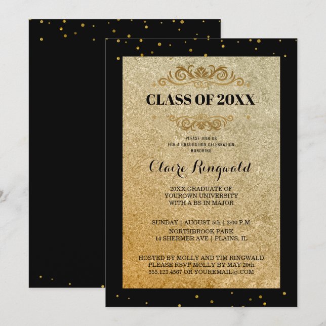 Invitación Elegante Fiesta de Graduación Universitaria de Oro (Anverso / Reverso)