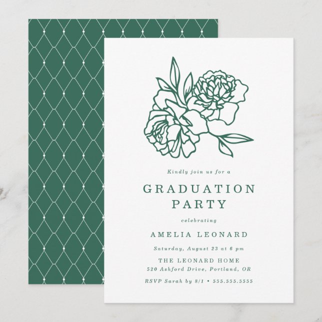 Invitación Elegante fiesta de graduación verde con flores (Anverso / Reverso)