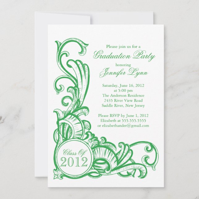 Invitación Elegante fiesta de graduación verde vintage (Anverso)