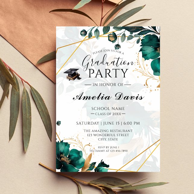 Invitación Elegante fiesta de graduación verde y de oro (Subido por el creador)