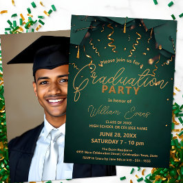 Invitación Elegante fiesta de graduación verde y de oro con f