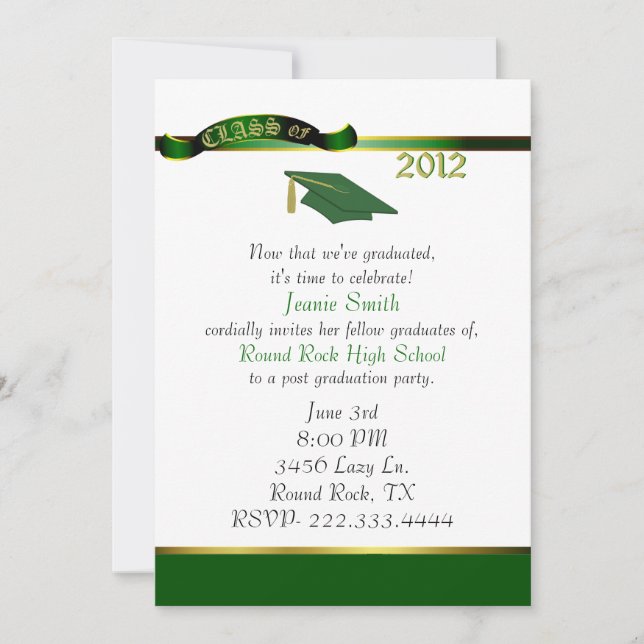 Invitación Elegante fiesta de graduación verde y dorada (Anverso)