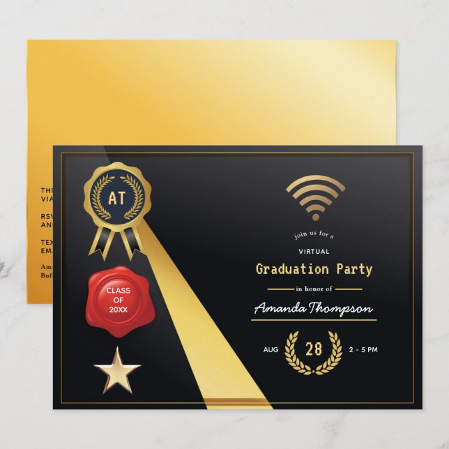 Invitación Elegante fiesta de graduación virtual en negro y o (Anverso / Reverso)