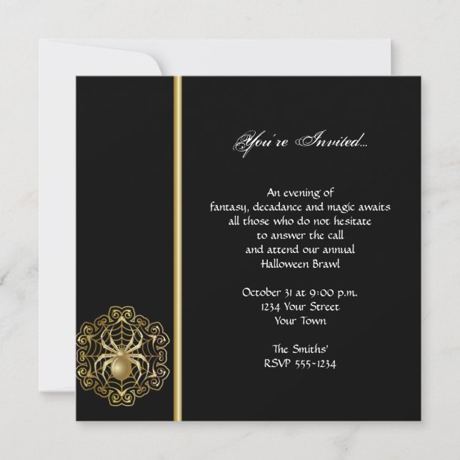 Invitación Elegante fiesta de Halloween Black and Gold Spider (Anverso)