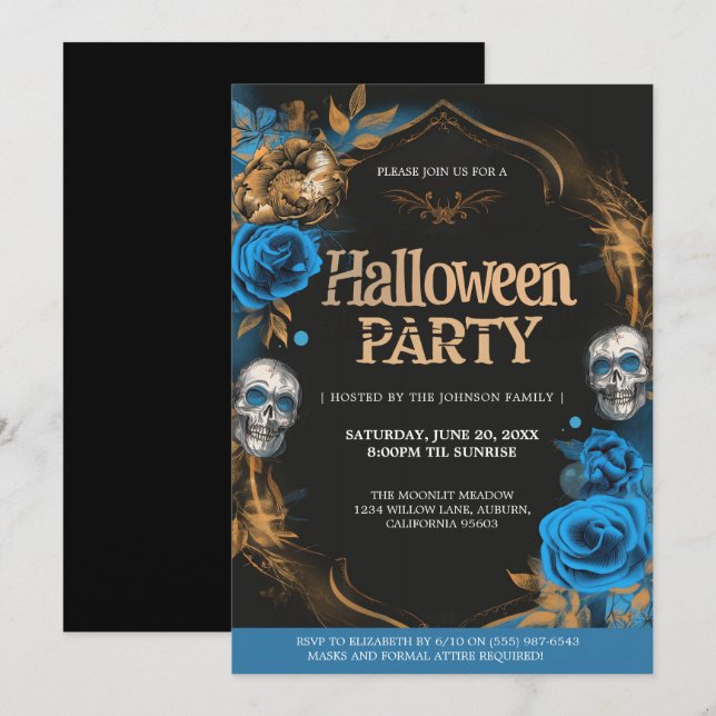 Invitación Elegante fiesta de Halloween Blue & Gold (Anverso / Reverso)