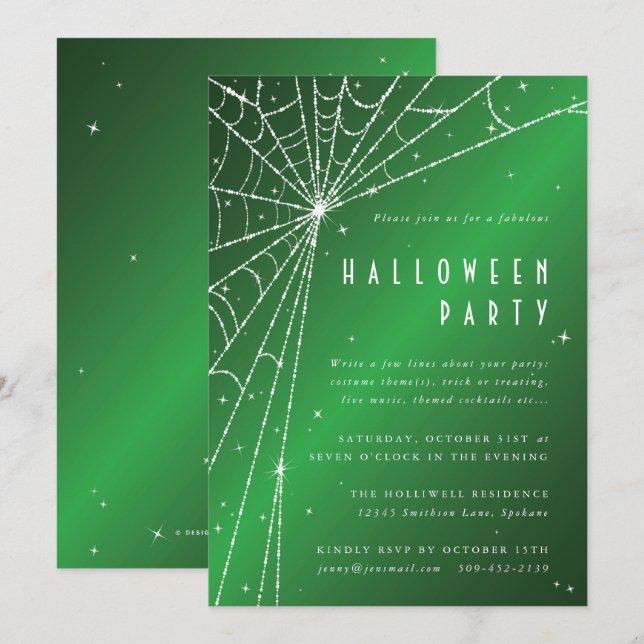 Invitación Elegante fiesta de halloween de araña verde espumo (Anverso / Reverso)