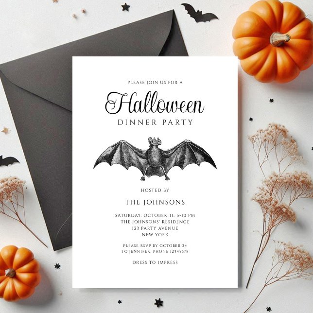 Invitación Elegante Fiesta de Halloween de Bat Gótico Negro (Elegant Black Gothic Bat Dinner Party Halloween Invitation)