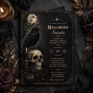 Invitación Elegante fiesta de Halloween de cuervo y calavera