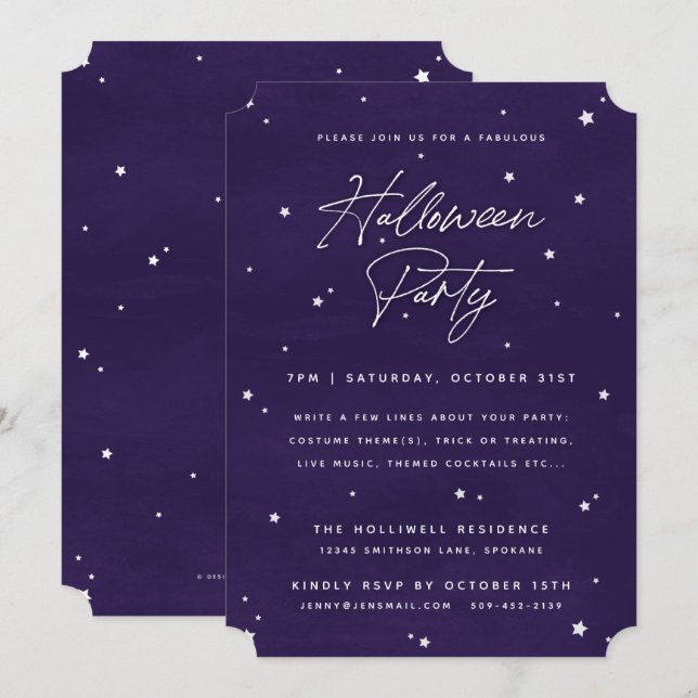 Invitación Elegante fiesta de Halloween de Estrellas Mágicas  (Anverso / Reverso)