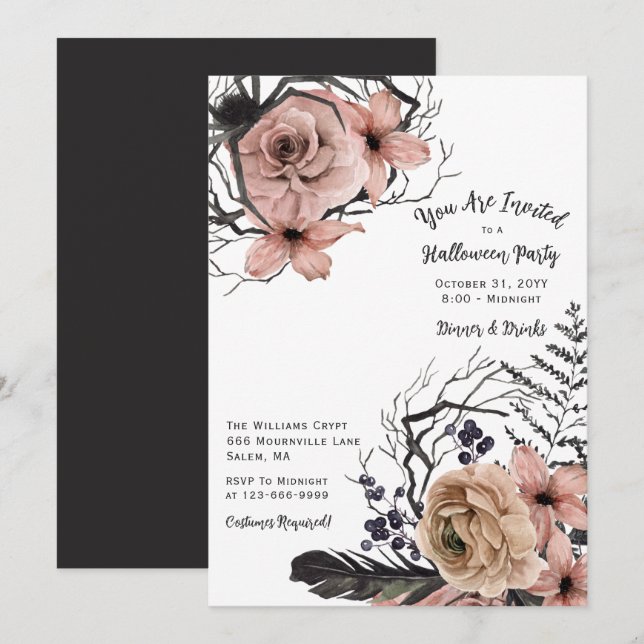 Invitación Elegante fiesta de Halloween floral (Anverso / Reverso)