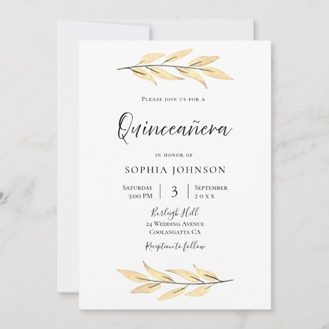 Invitación Elegante Fiesta de hojas de oro Quinceanera (Anverso)