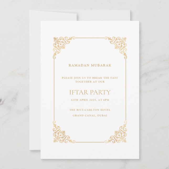Invitación Elegante fiesta de Iftar barroca dorada con letra  (Anverso)