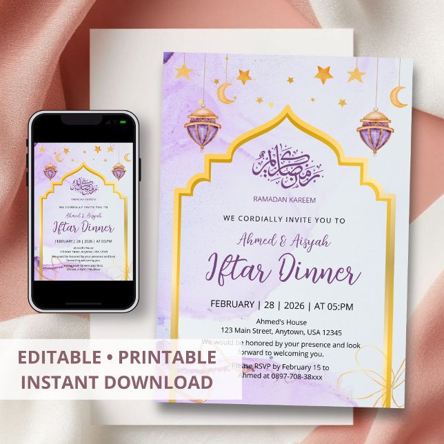 Invitación Elegante fiesta de Iftar con arco de oro y acuarel (Subido por el creador)