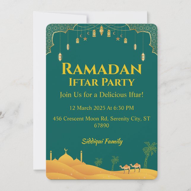 Invitación Elegante Fiesta de Iftar de Ramadán de Oro Verde (Anverso)