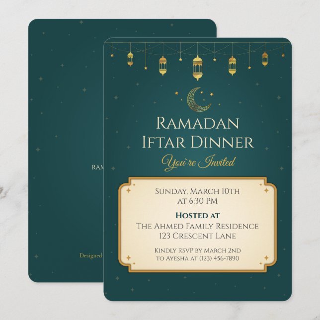 Invitación Elegante Fiesta de Iftar de Ramadán en Verde Esmer (Anverso / Reverso)