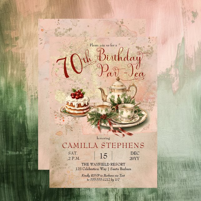 Invitación Elegante Fiesta de Invierno 70 Años Par-Tea (Elegant Winter Floral Tea Set Holly and Berries 70th Birthday Par-Tea Party Invitation)