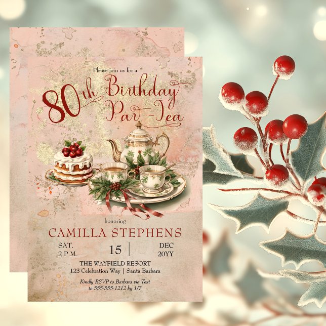 Invitación Elegante Fiesta de Invierno 80 cumpleaños (Elegant Winter Floral Tea Set Holly and Berries 80th Birthday Par-Tea Party Invitation)