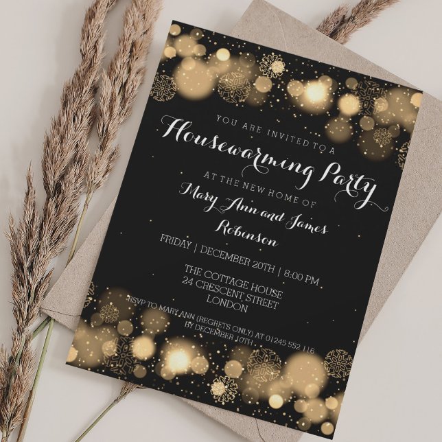 Invitación Elegante Fiesta de Invierno que calienta la casa (Elegant Winter Housewarming Party Gold Invitation)