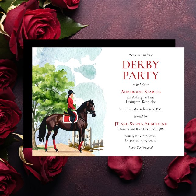 Invitación Elegante Fiesta de Jockey y Caballos de Raza Derby (Elegant Girl Jockey in Red and Black and Race Horse Derby Party Invitation)