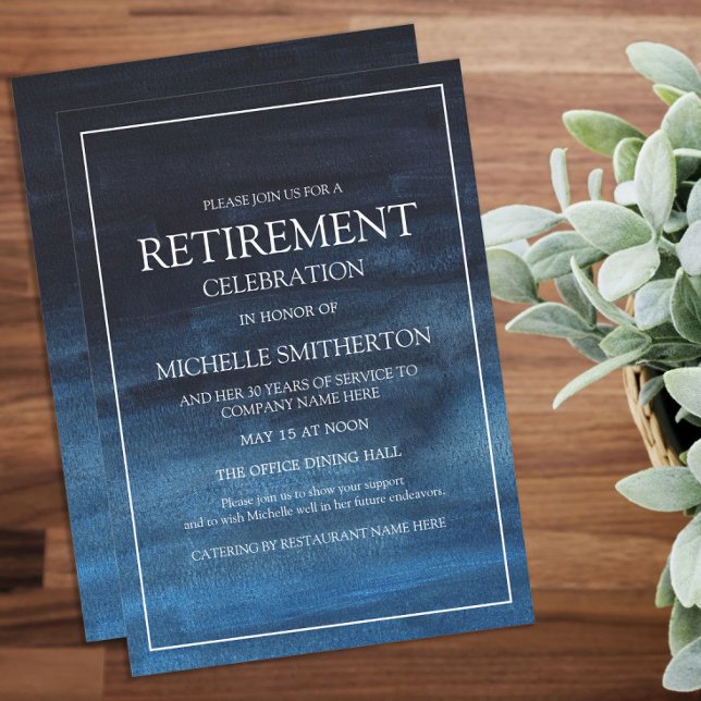 Invitación Elegante Fiesta de Jubilación Azul Blanco de la Ma (Navy blue retirement party invitation)