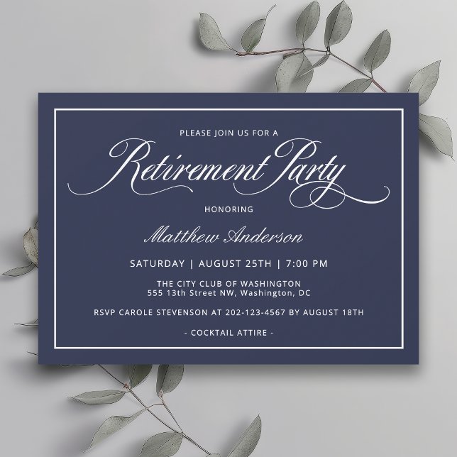Invitación Elegante Fiesta de Jubilación Azul de la Marina (Available in both printed and instant download digital formats.)