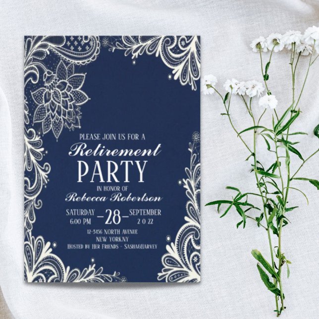 Invitación elegante Fiesta de Jubilación azul marino de encaj (elegant white lace navy blue Retirement Party Invitation)