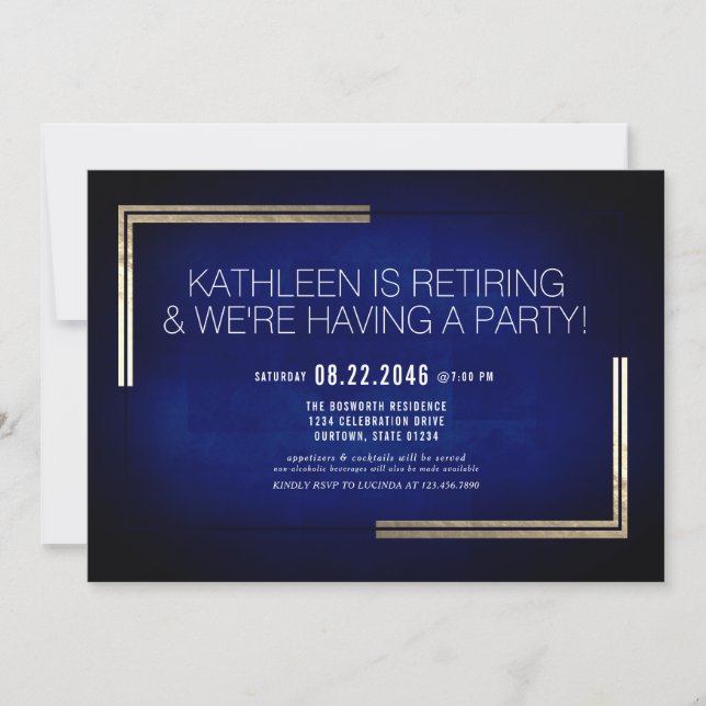 Invitación Elegante Fiesta de Jubilación Azul/Oro (Anverso)